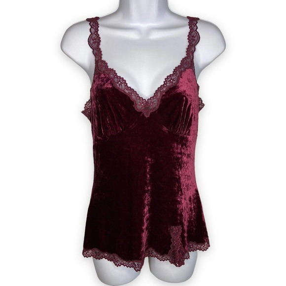 Express Tops - Express Womens Medium Velour Tank Top Cami Layering Maroon Soft Shiny Lace Trim